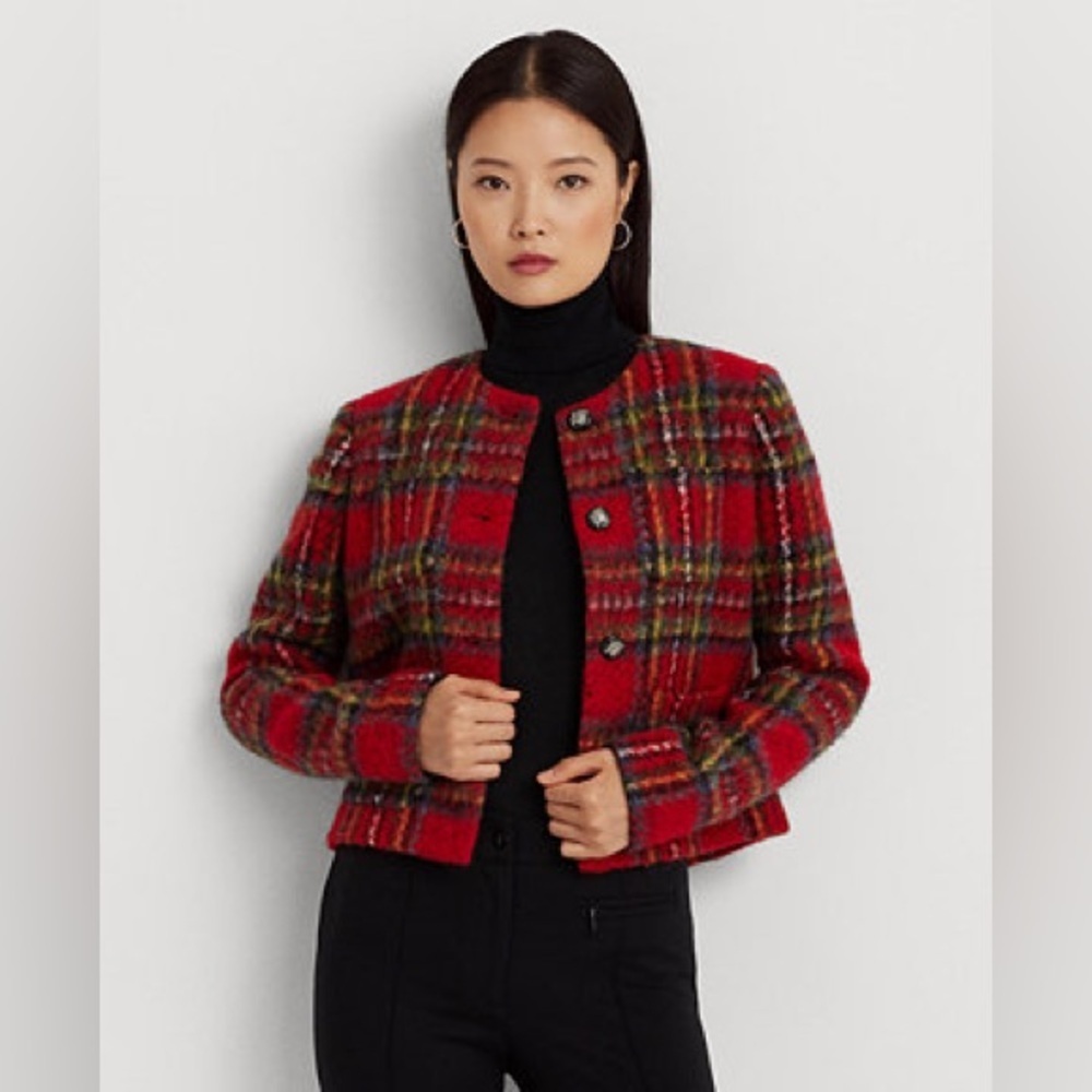 Ralph Lauren Plaid Cropped Wool Mohair Old Many Jacket Blazer Size 16
